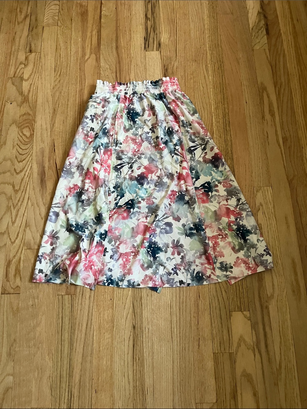 Athleta Floral A-Line Midi Skirt in Pink, Blue, and Cream